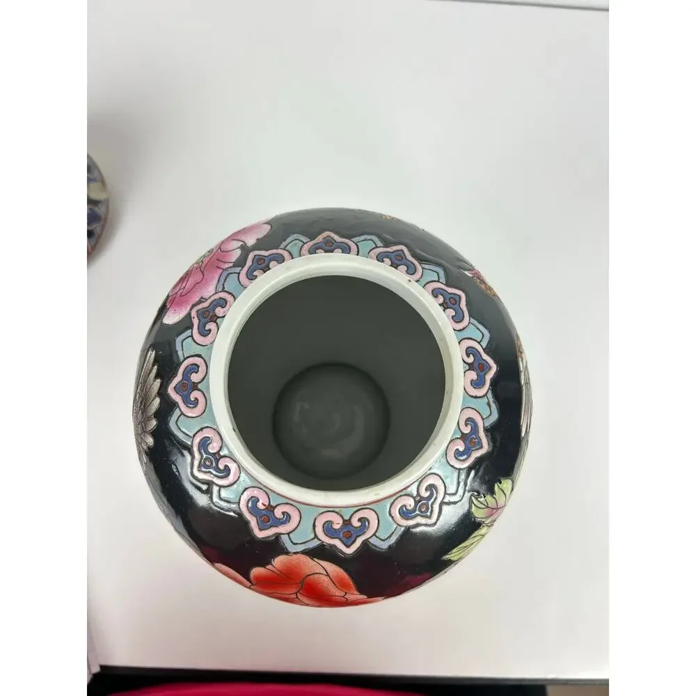 Vintage Japanese Hand Painted Ginger Jar w/ Lid Birds Florals Pottery Vase